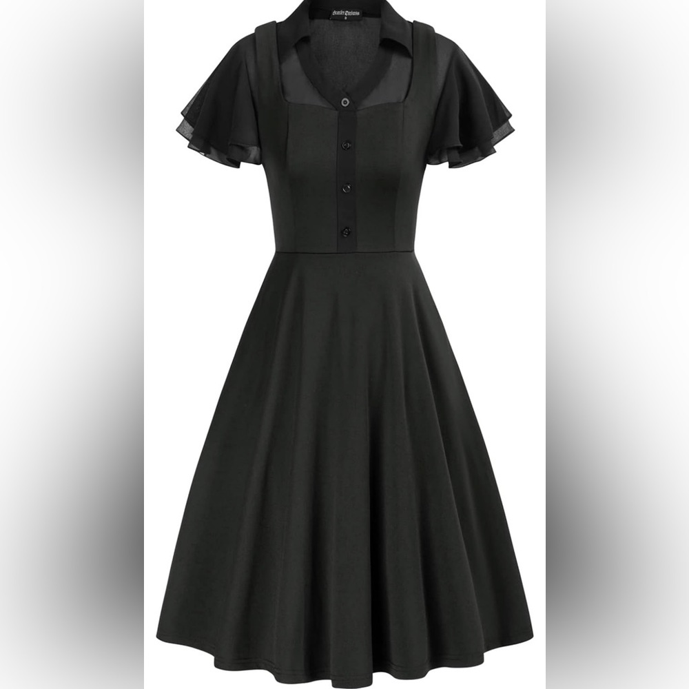 Scarlet Darkness Womens Goth Dress Mesh Flutter Sleeve Skater Dress with Pockets - Picture 2 of 14